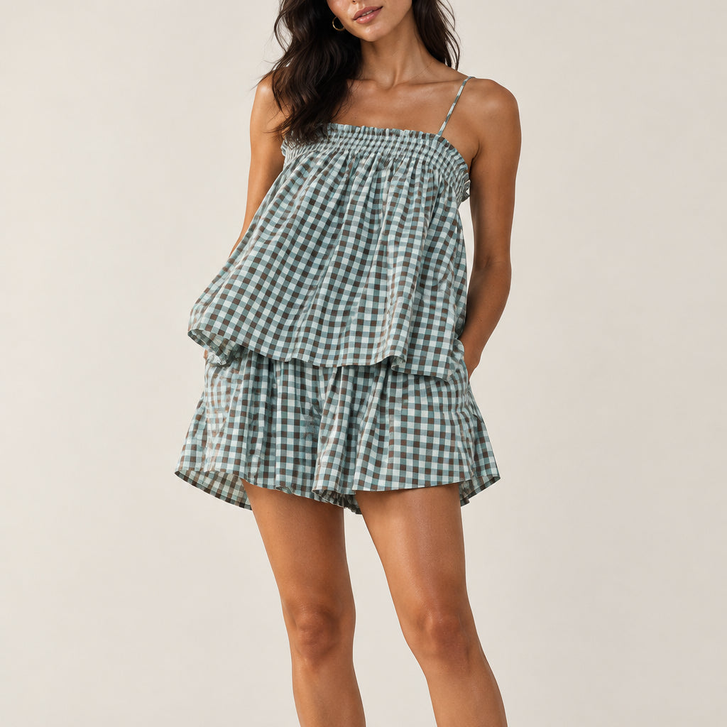 Women's Gingham Cami & Wide Leg Shorts Set
