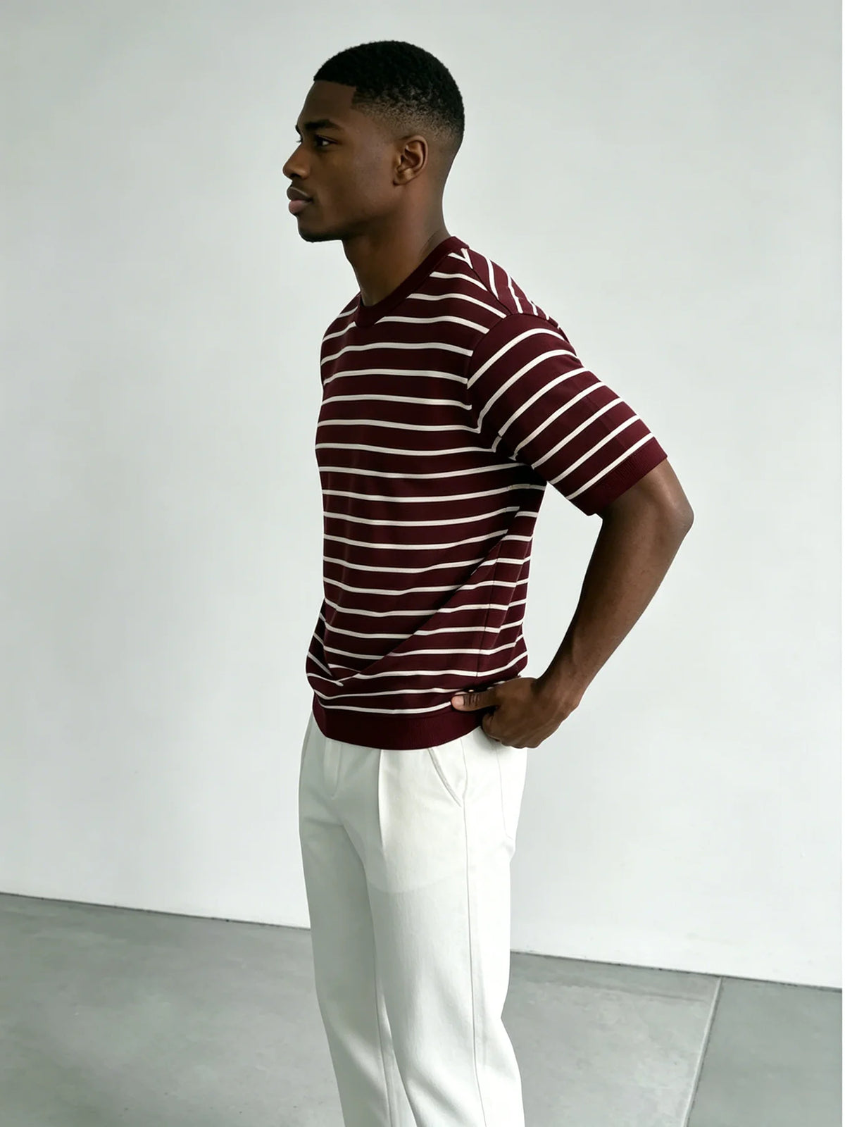 Men's Burgundy Striped Knit Crew Tee