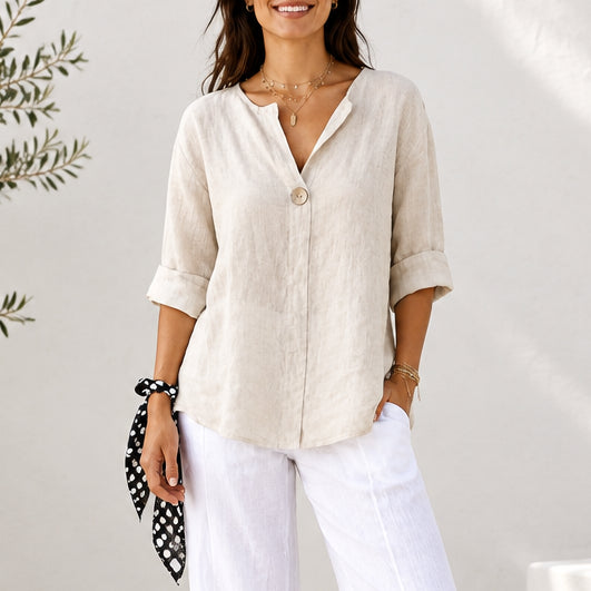 Women's Linen V-Neck Button Blouse — 3/4 Sleeve