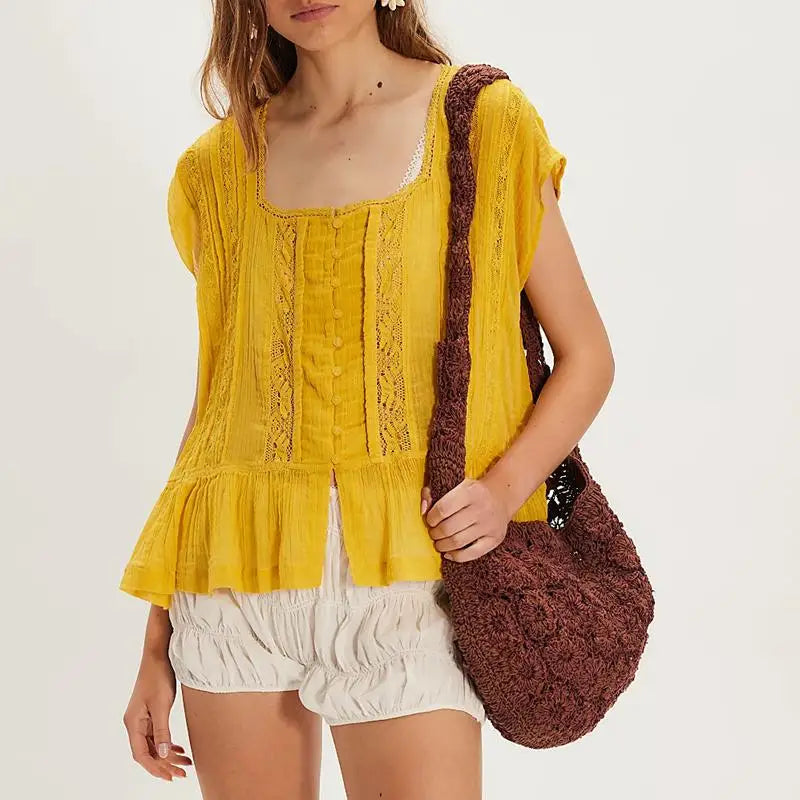 Women's Lace Panel Blouse — Square Neck Button