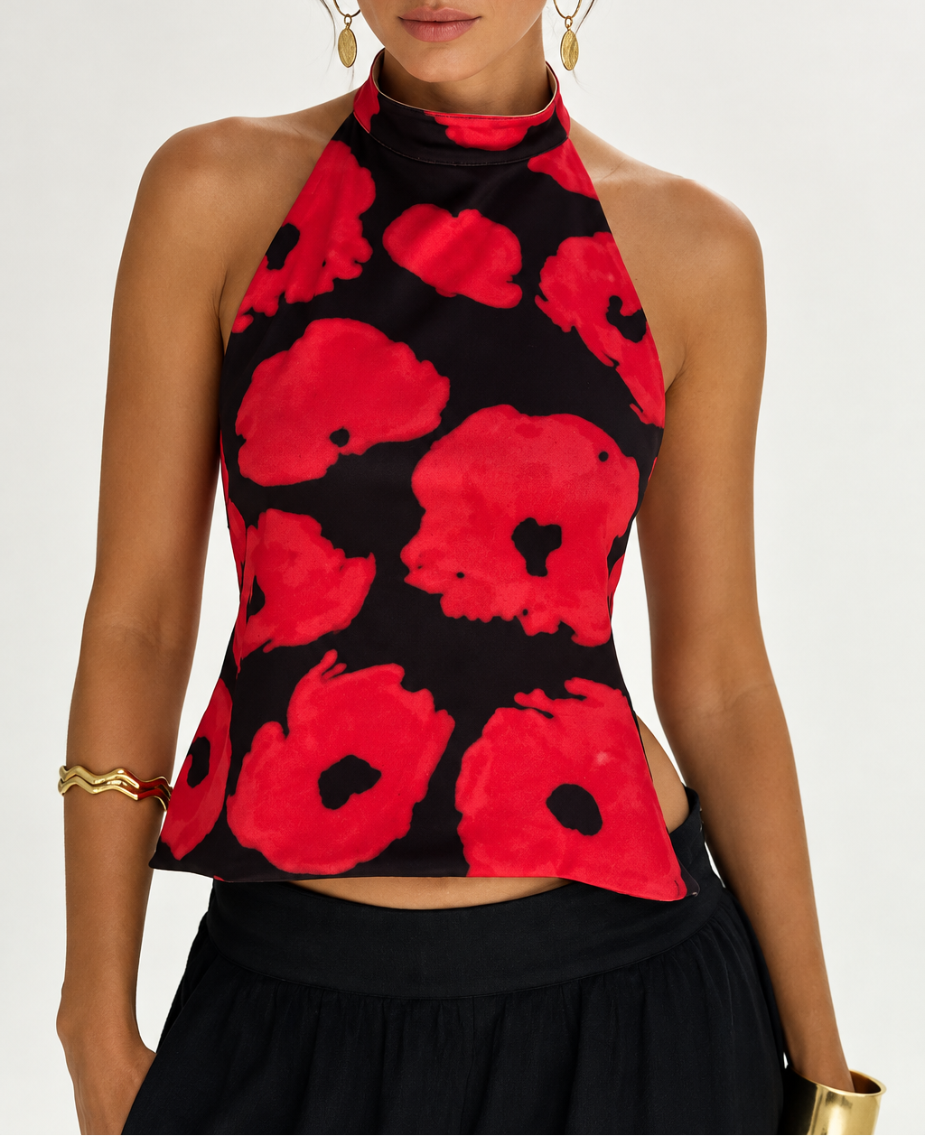 Women's Printed Halter Crop Top — Button Front