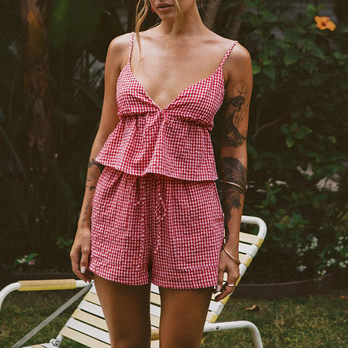 Women's Gingham Camisole & Shorts Set — V-Neck