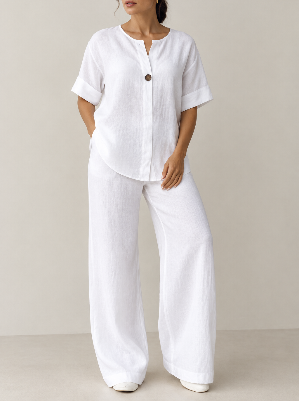 Women's Linen Blouse & Wide Leg Pant Set