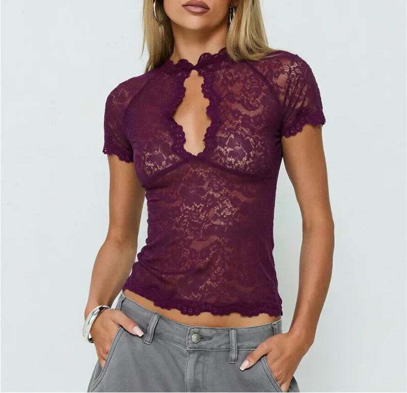 Women's Lace Mock Neck Crop Top — Keyhole