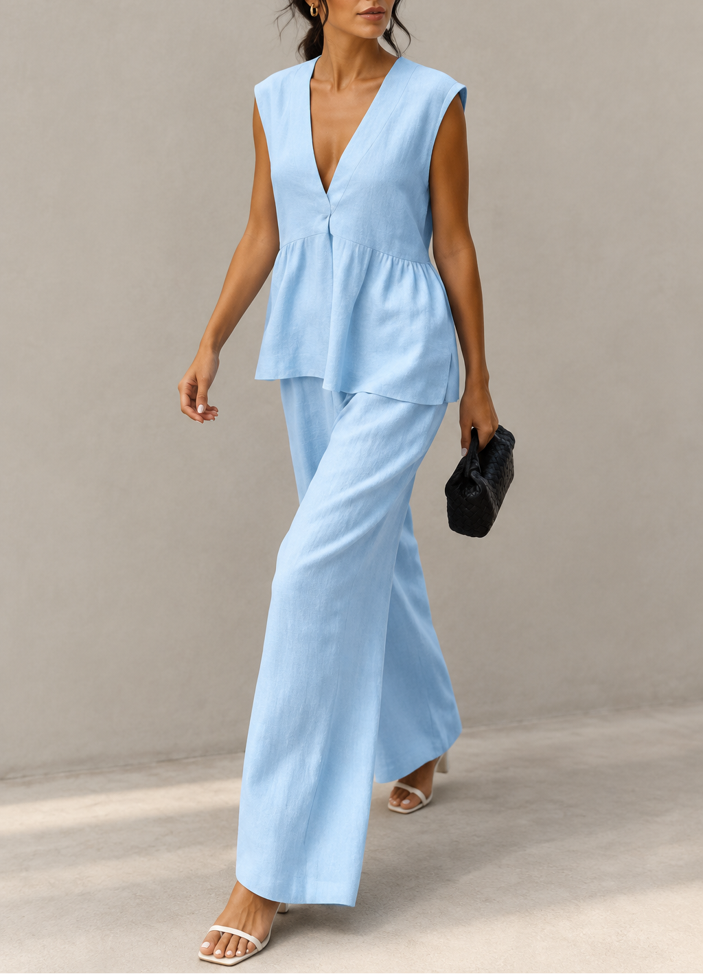 Women's Linen V-Neck Vest & Wide Leg Trouser Set