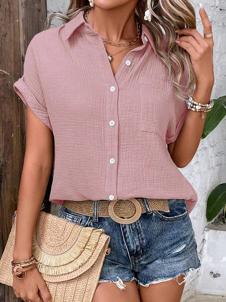 Women's Cotton Blouse — Short Sleeve Collar