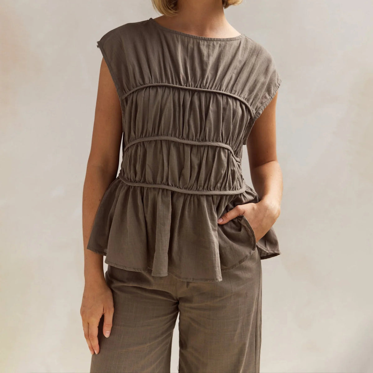 Women's Smocked Ruched Top — Cap Sleeve