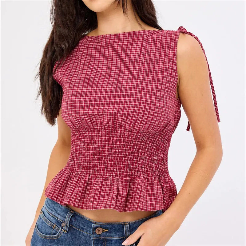 Women's Gingham Babydoll Top — Tie Shoulder