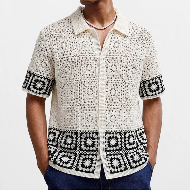 Men's Geometric Jacquard Knit Polo — White