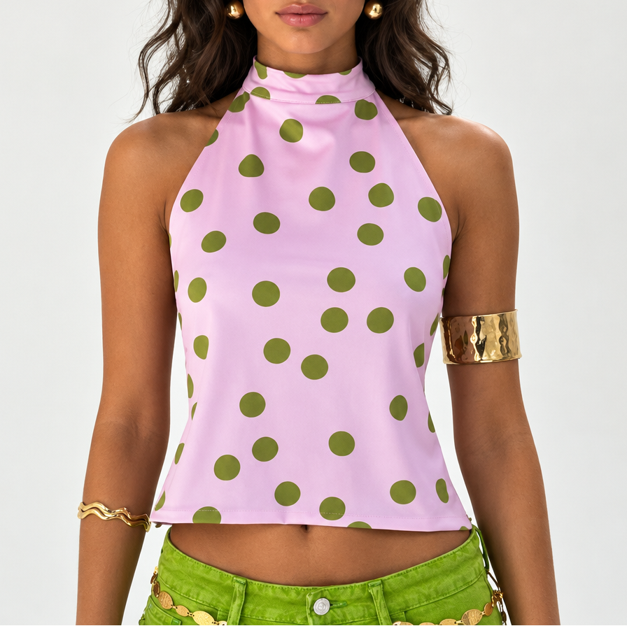 Women's Printed Halter Crop Top — Button Front