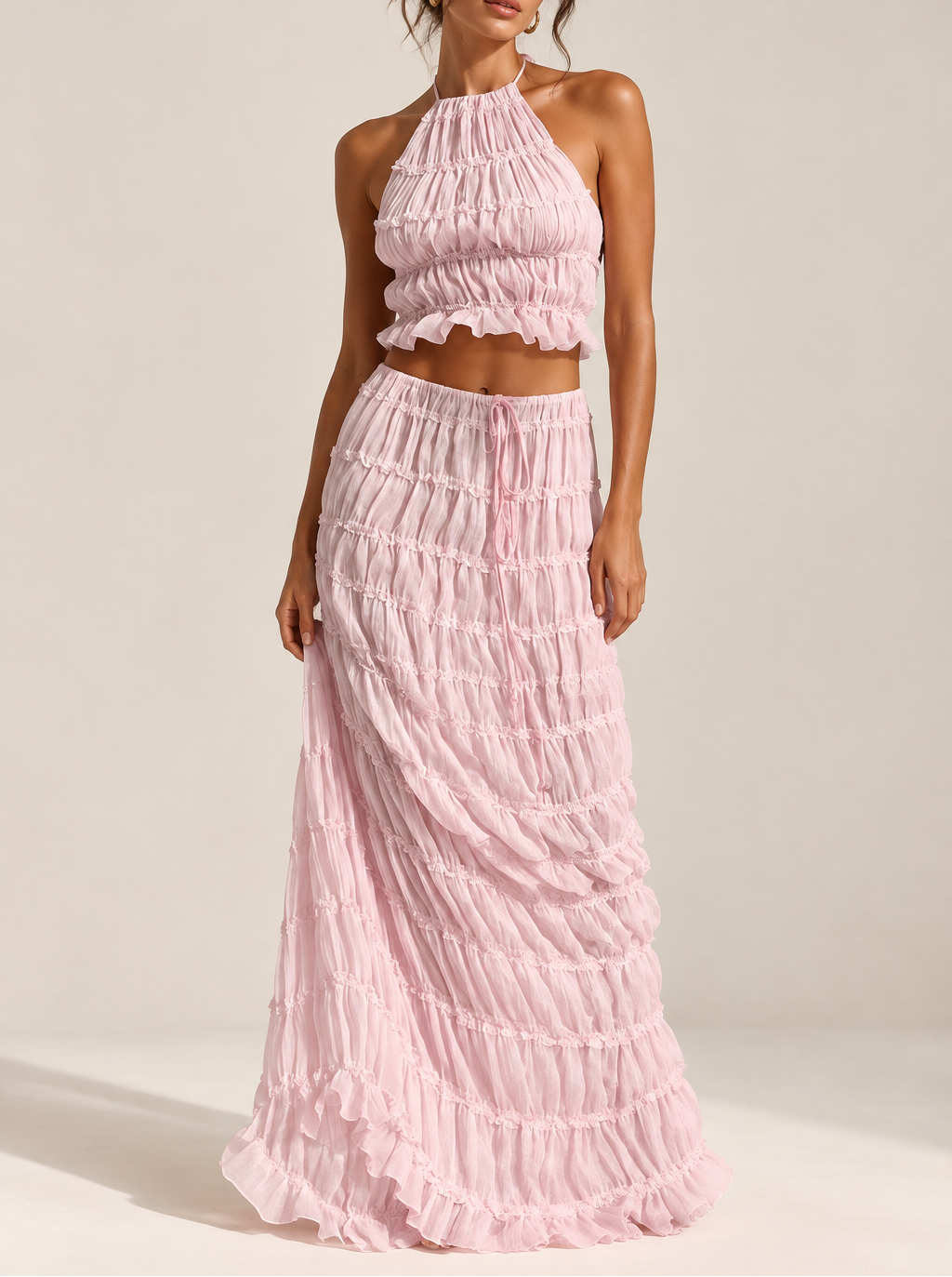 Women's Ruched Halter Top & Maxi Skirt Set — Backless