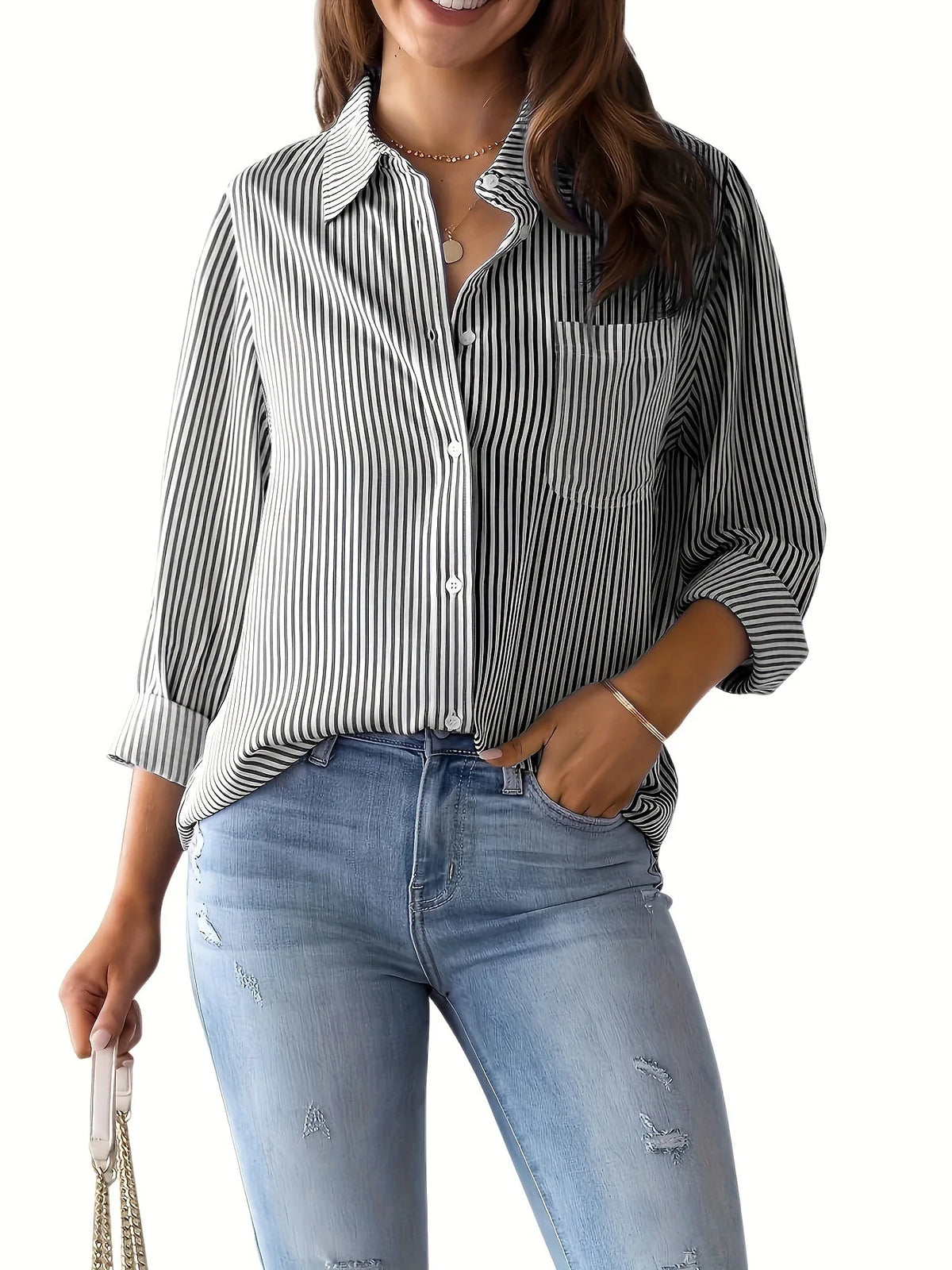 Women's Striped Shirt — Long Sleeve Lapel