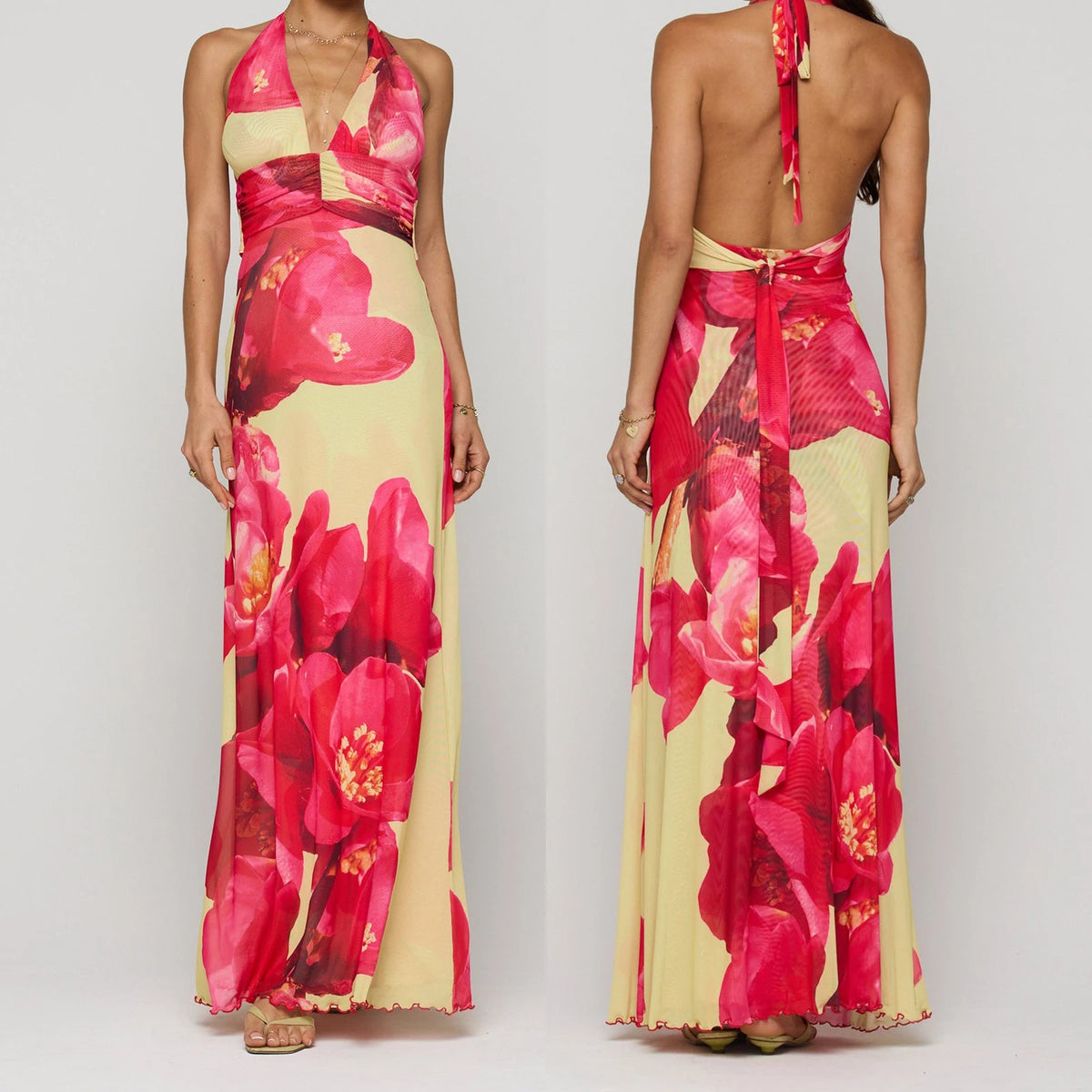 Women's Halter Maxi Dress — Backless Ruffle Hem