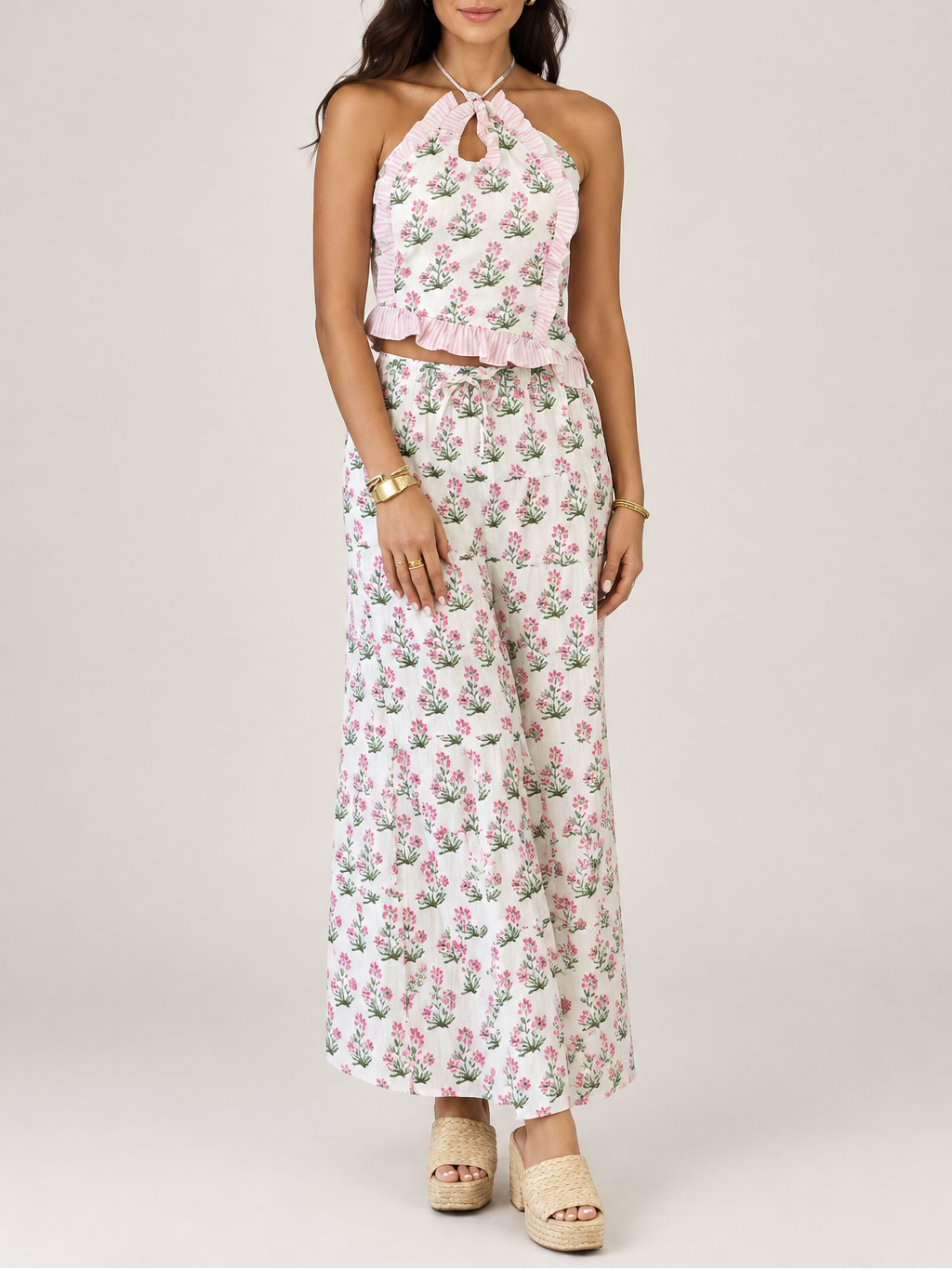 Women's Ruffle Halter Top & Maxi Skirt Set — Tie Back