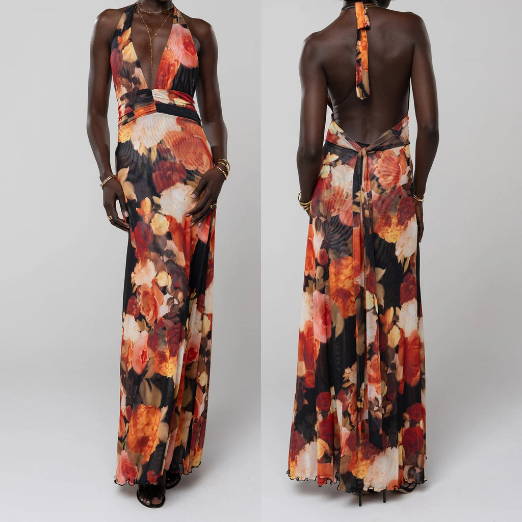 Women's Halter Maxi Dress — Backless Ruffle Hem