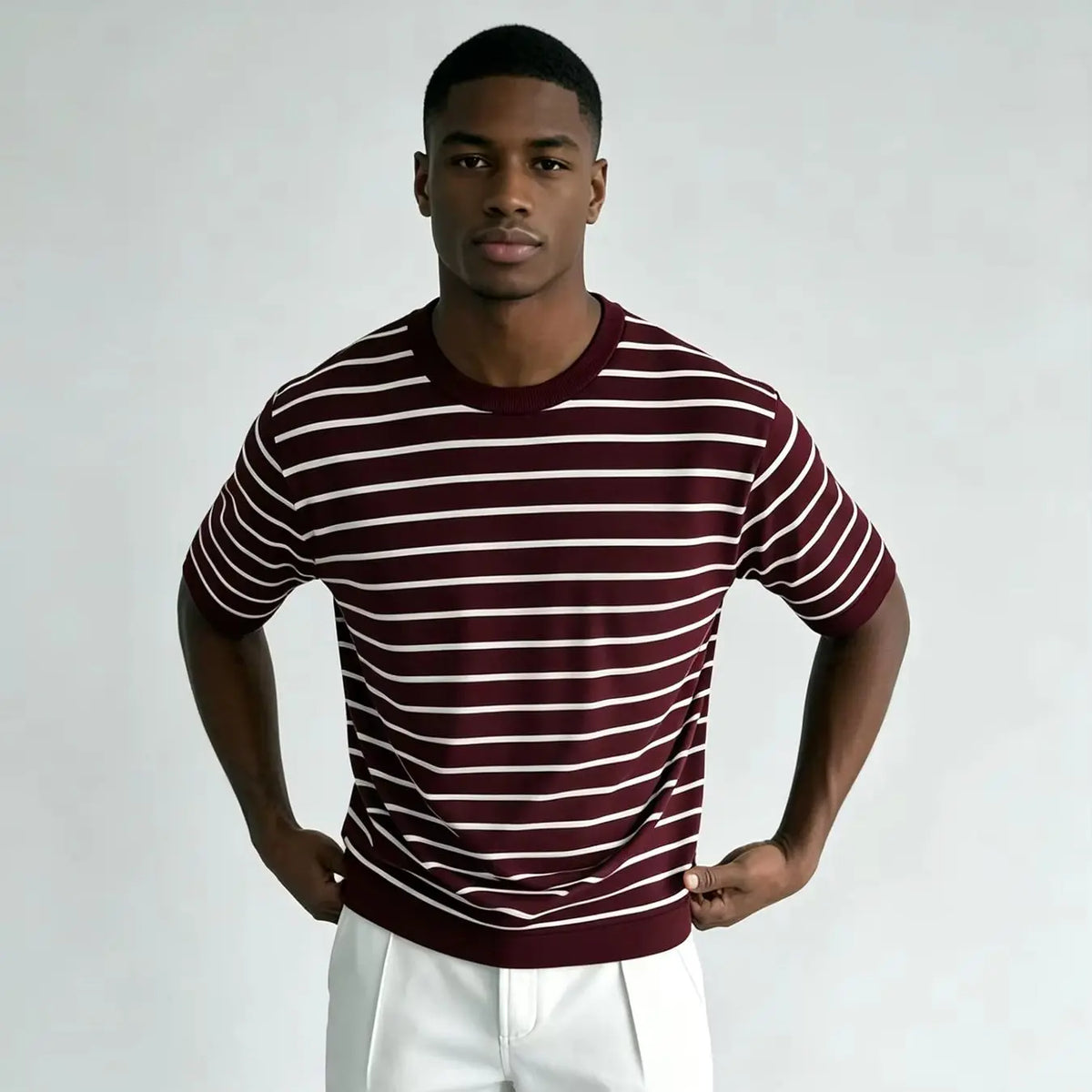 Men's Burgundy Striped Knit Crew Tee