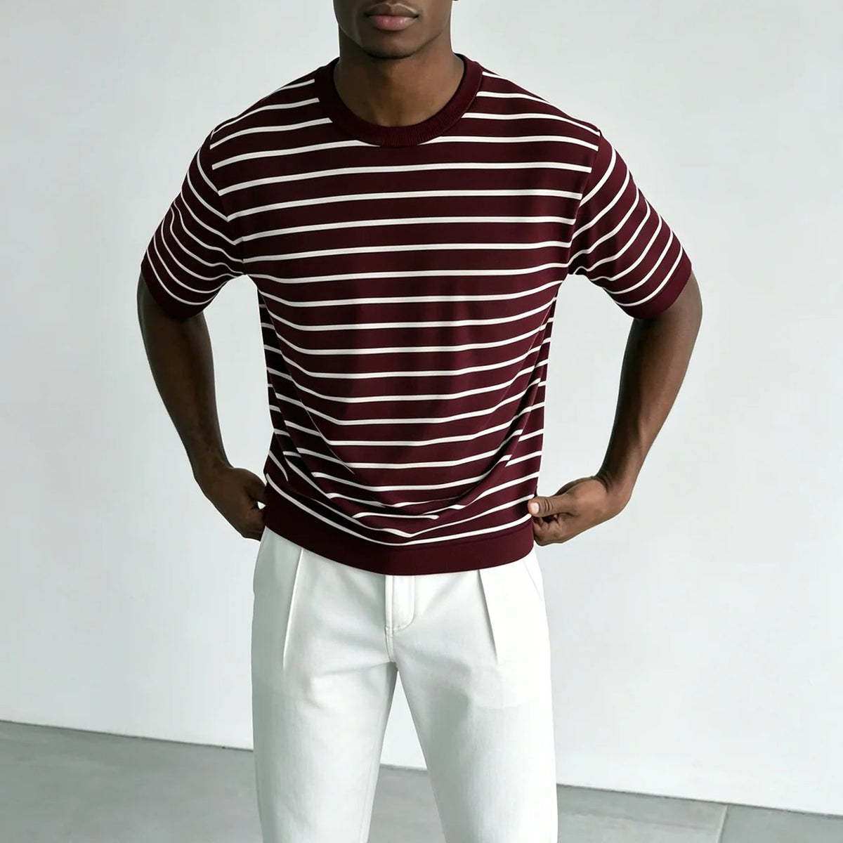 Men's Burgundy Striped Knit Crew Tee