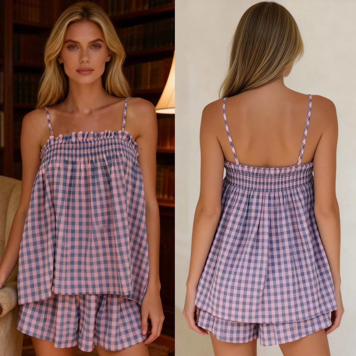 Women's Gingham Cami & Wide Leg Shorts Set