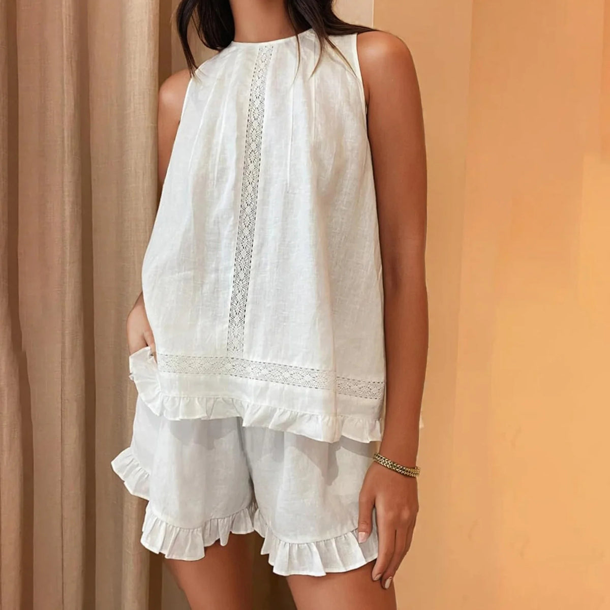 Women's Cotton Linen Top & Shorts Set — Lace Trim