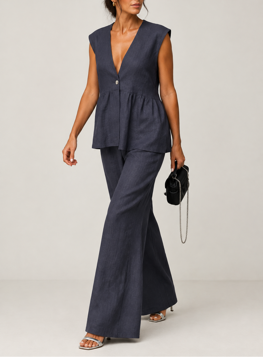 Women's Linen V-Neck Vest & Wide Leg Trouser Set