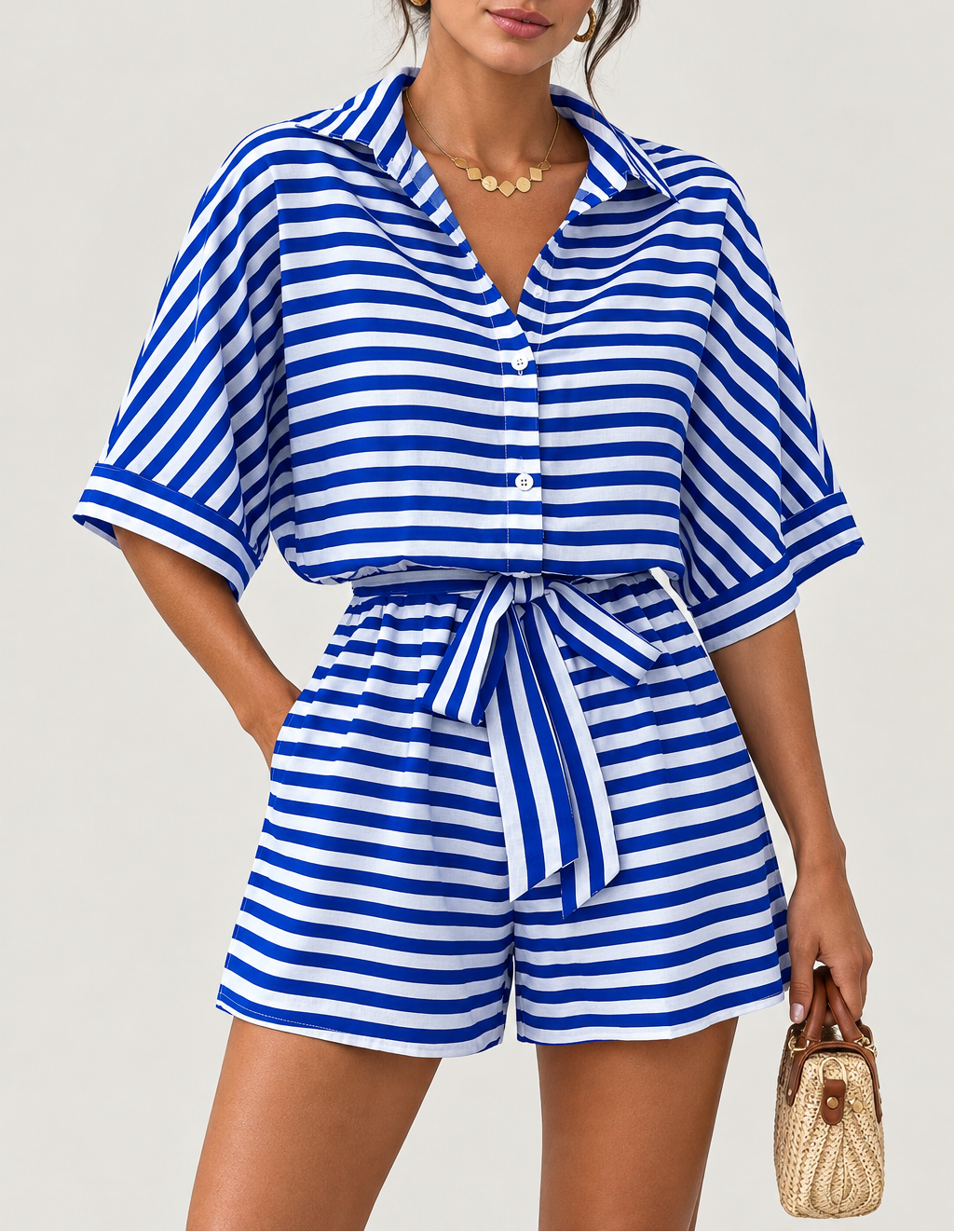 Women's Striped Shirt & Shorts Set — Batwing Sleeve
