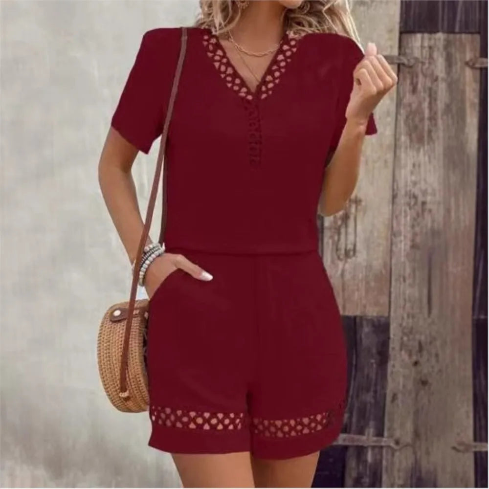 Women's Lace Trim Top & Shorts Set — Two-Piece
