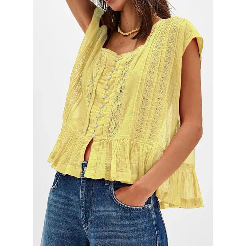 Women's Lace Panel Blouse — Square Neck Button