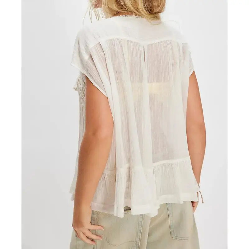 Women's Lace Panel Blouse — Square Neck Button