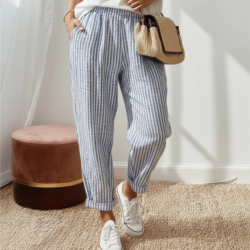 Women's Striped Drawstring Trousers — Loose Fit