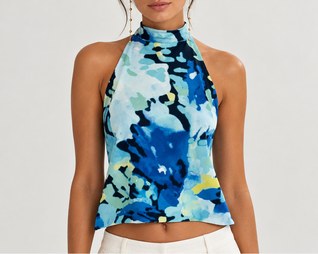 Women's Printed Halter Crop Top — Button Front