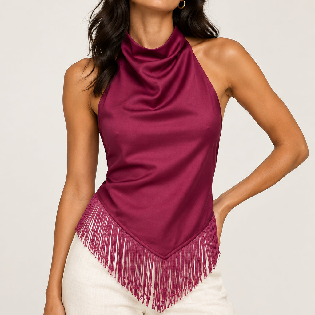 Women's Satin Cowl Neck Halter Top — Fringe Hem