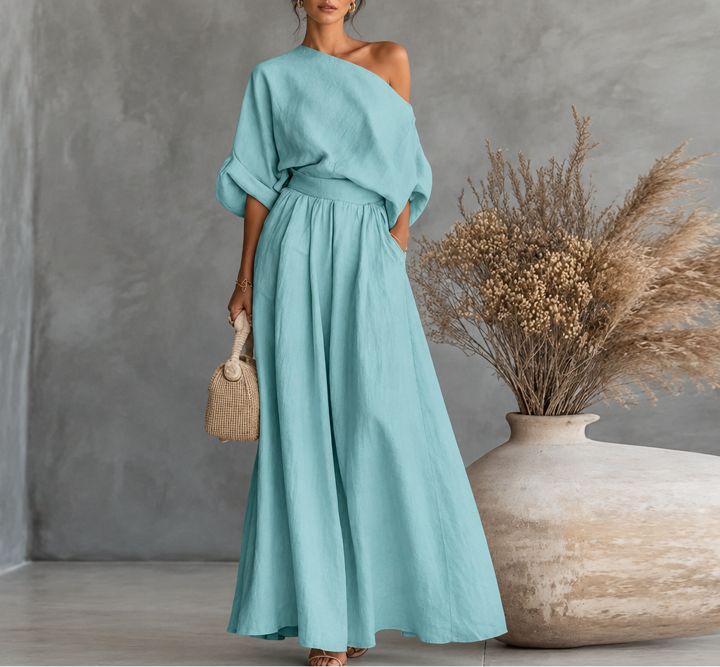 Women's Skew Neck Top & Wide Leg Pant Set