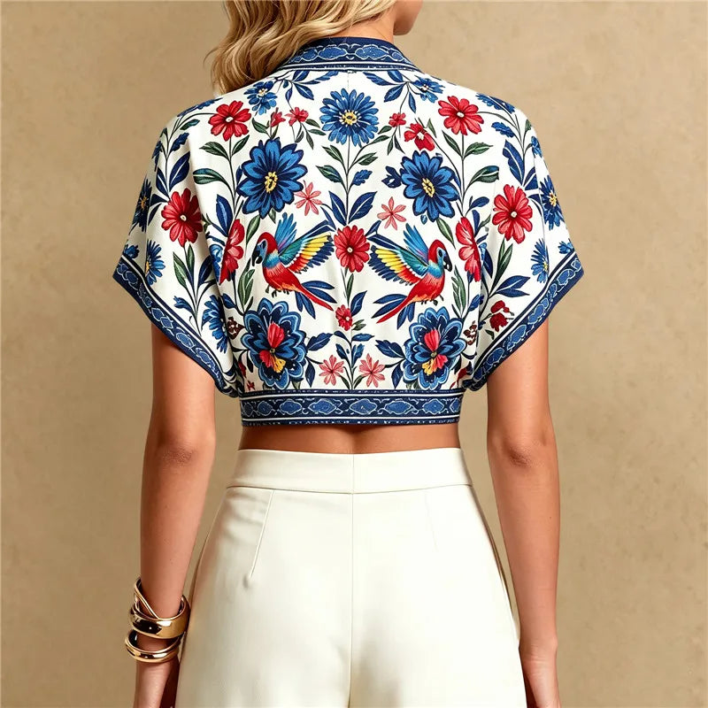 Women's Tropical Print Tie Front Crop Blouse