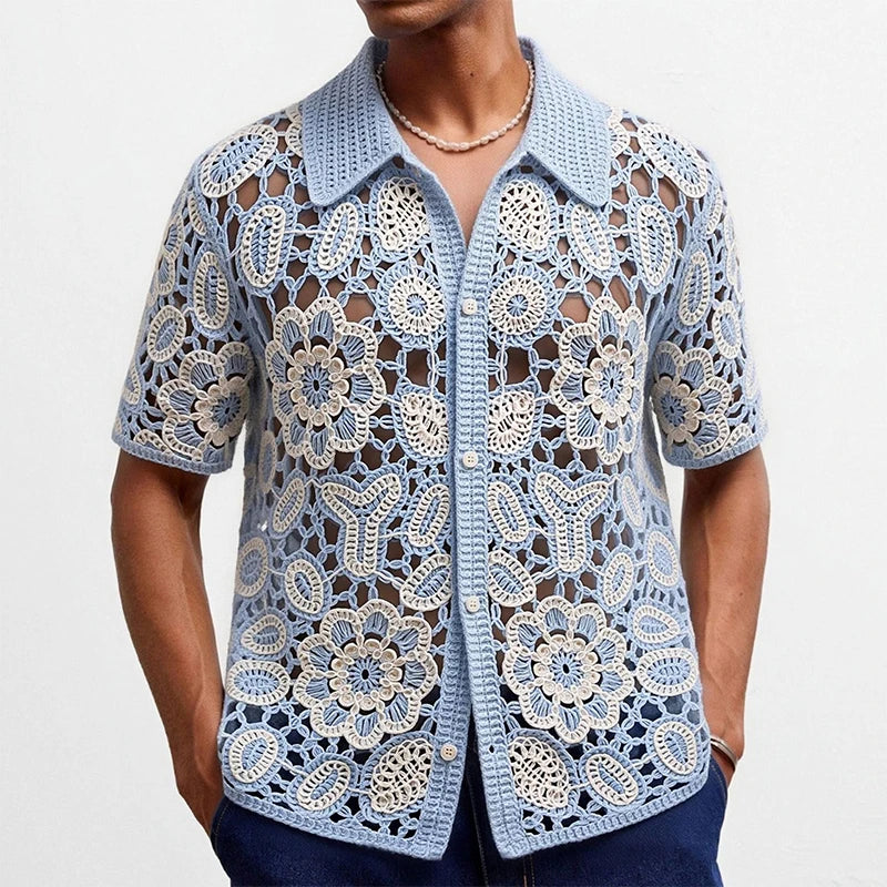 Men's Floral Crochet Lace Shirt — Short Sleeve