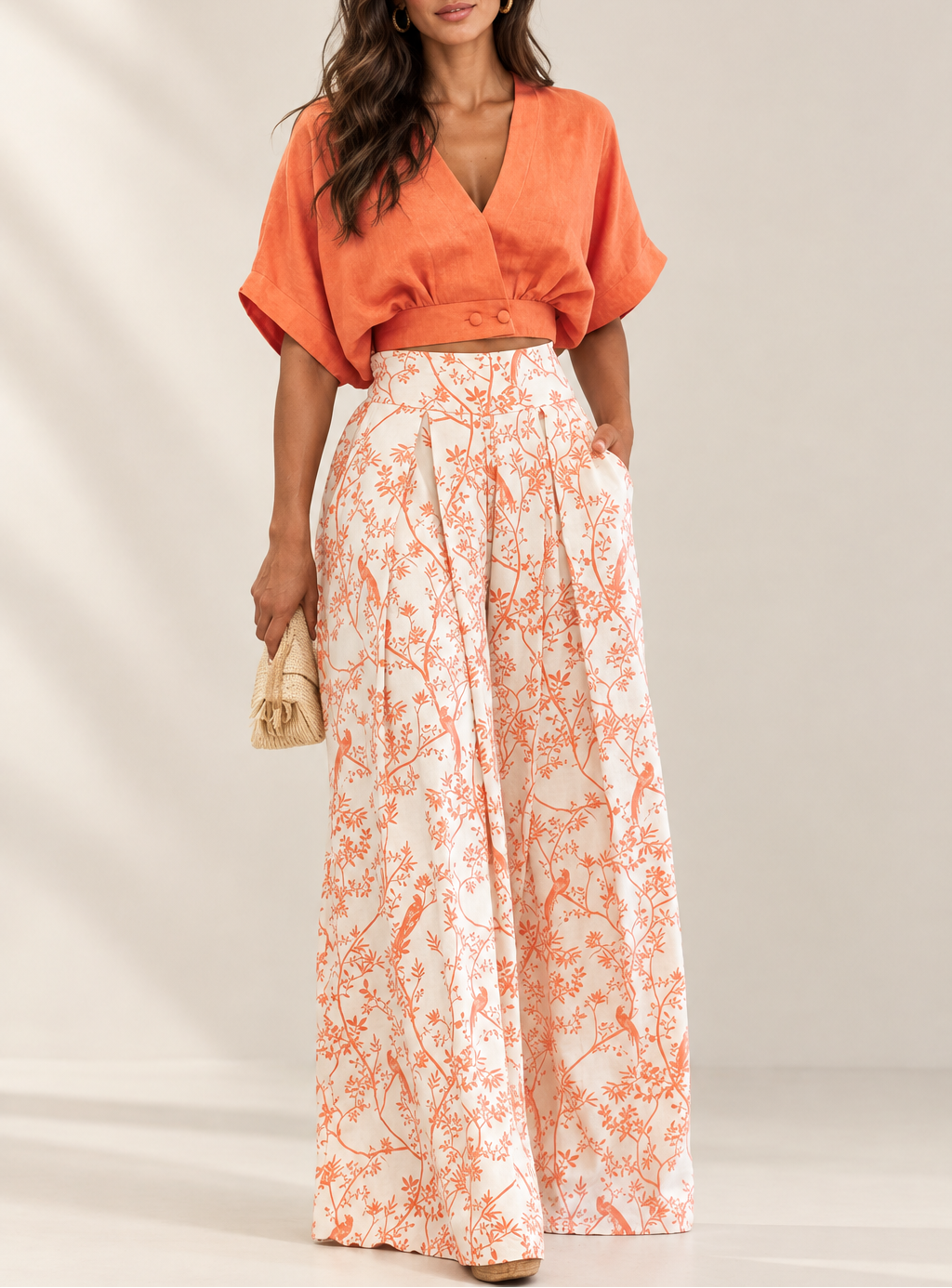 Women's V-Neck Top & Floral Wide Leg Pant Set