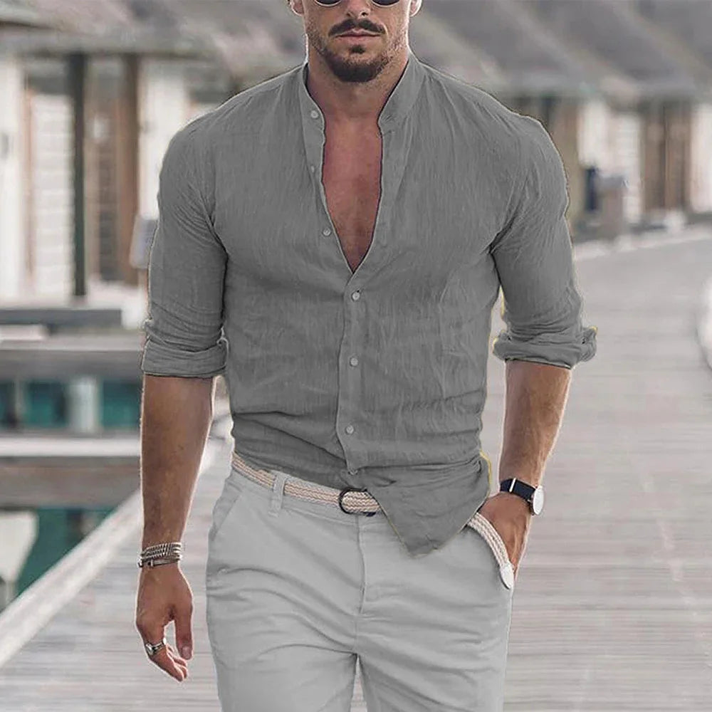 Men's Cotton Linen Shirt — Mandarin Collar
