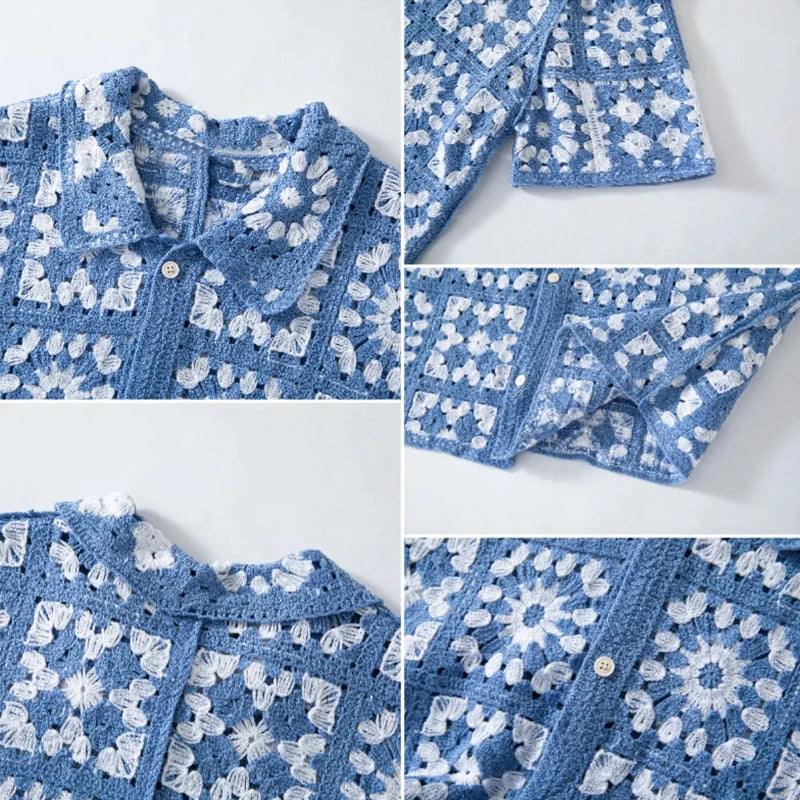 Men's Granny Square Crochet Shirt — Cuban Collar