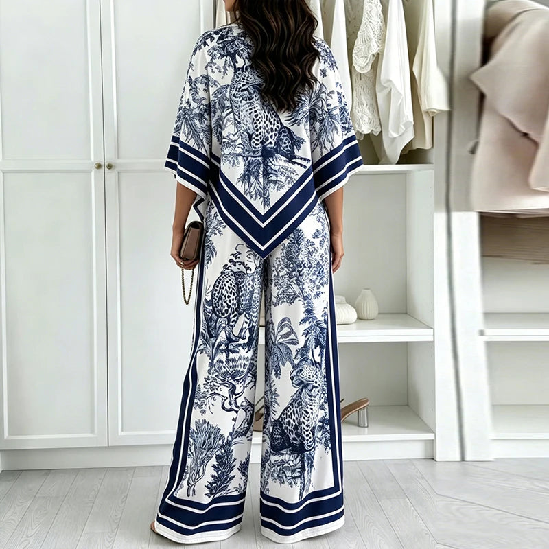 Women's Printed Shirt & Wide Leg Pant Set — 3/4 Sleeve
