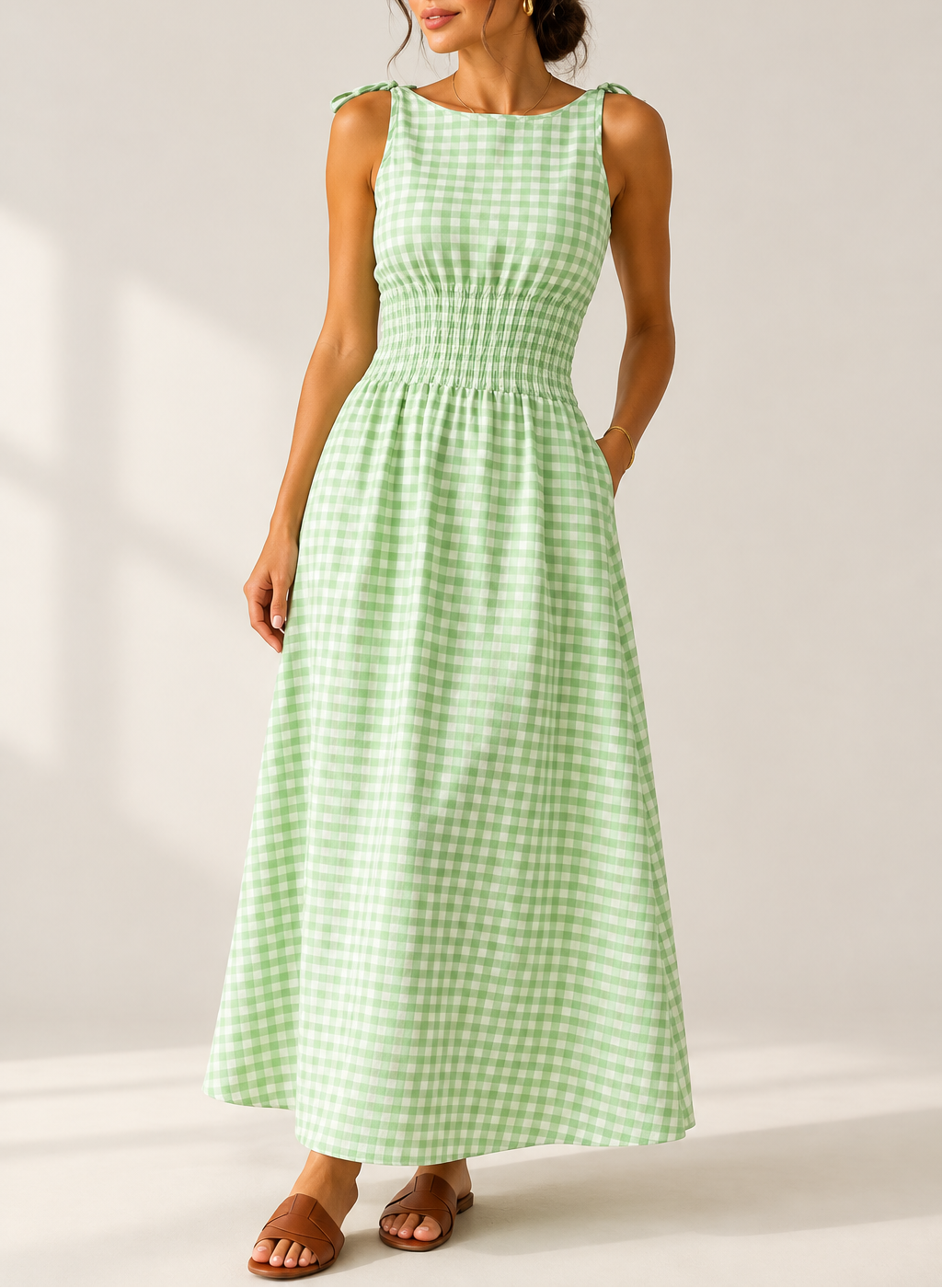 Women's Gingham Maxi Dress — Drawstring Waist