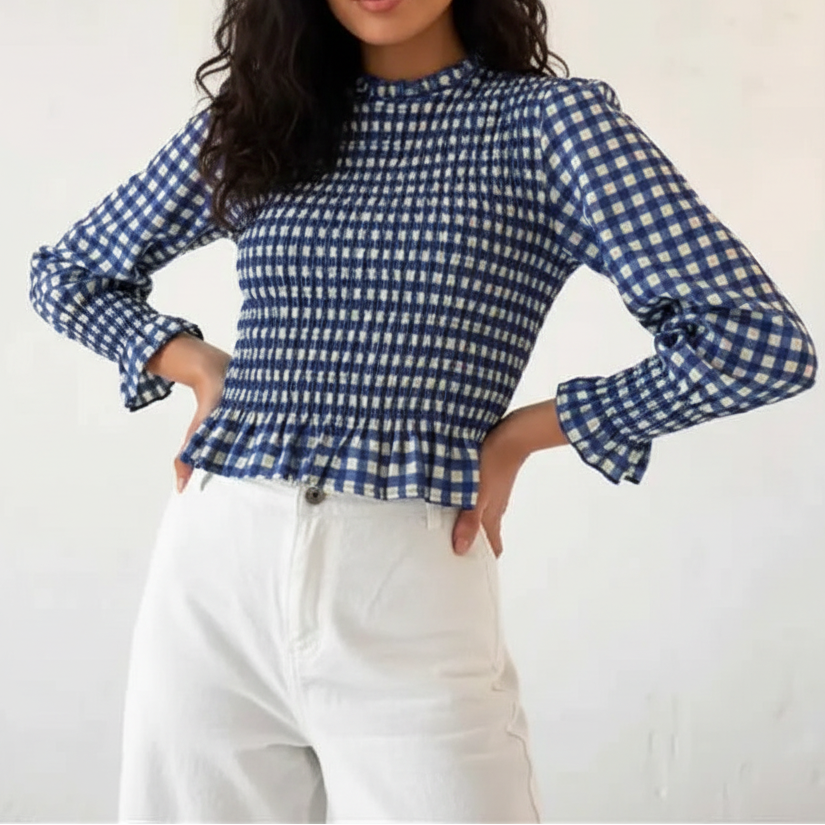 Women's Gingham Peplum Top — Puff Long Sleeve