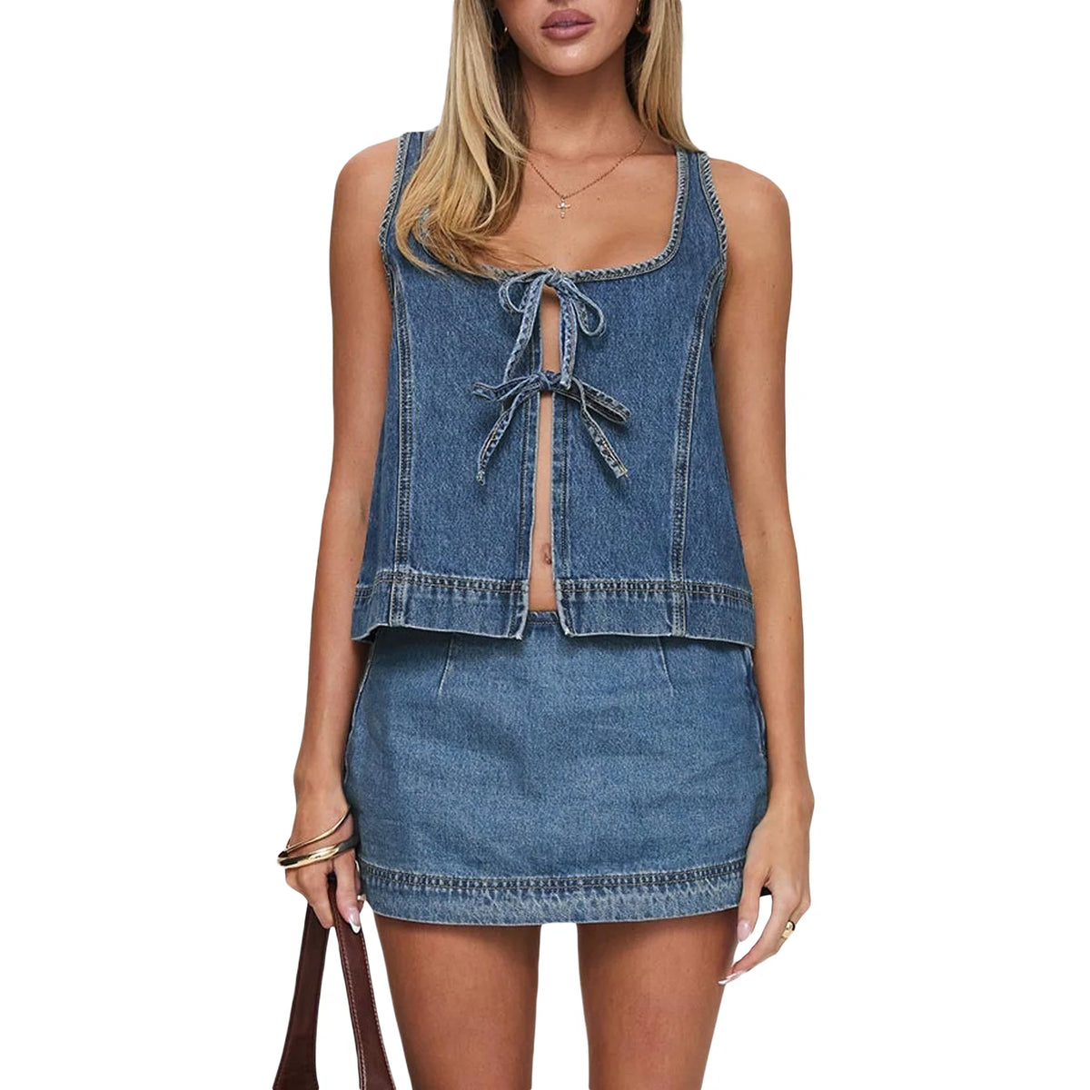 Women's Denim Tie Front Vest & Mini Skirt Set