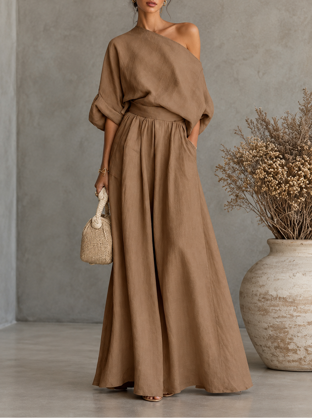 Women's Skew Neck Top & Wide Leg Pant Set