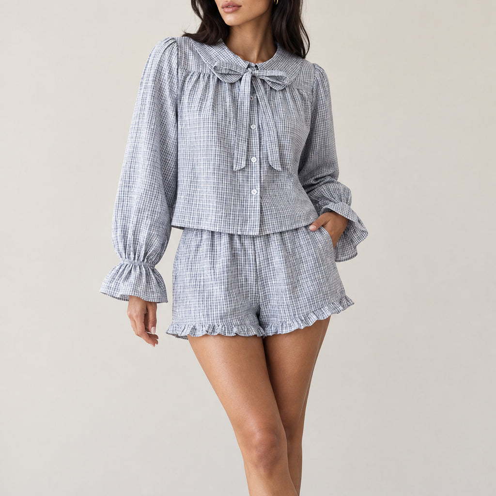 Women's Gingham Blouse & Ruffle Shorts Set — Collared