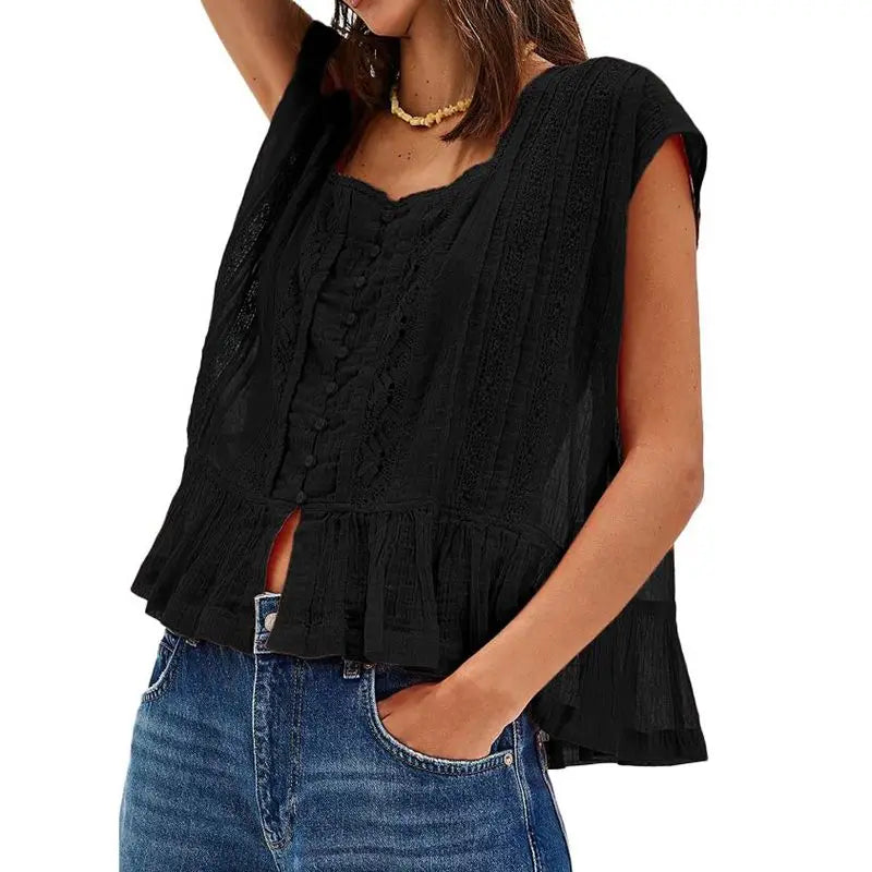 Women's Lace Panel Blouse — Square Neck Button