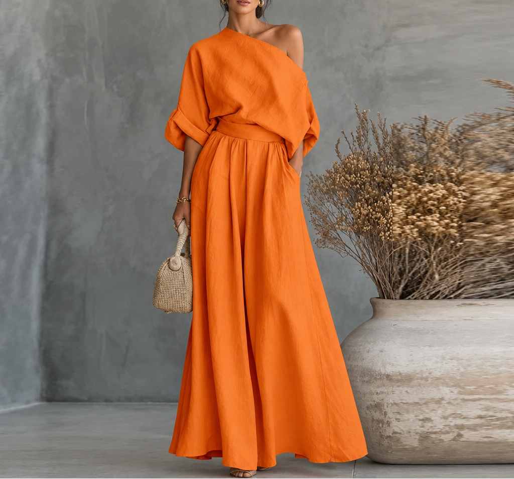 Women's Skew Neck Top & Wide Leg Pant Set