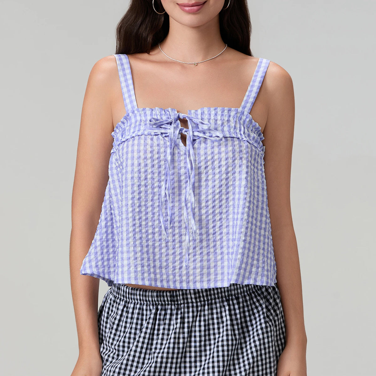 Women's Plaid Smocked Cami Top — Tie Front