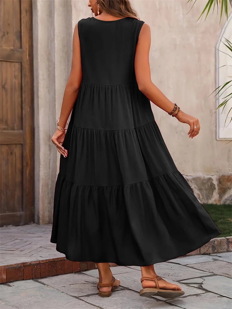 Women's V-Neck A-Line Midi Dress — Sleeveless