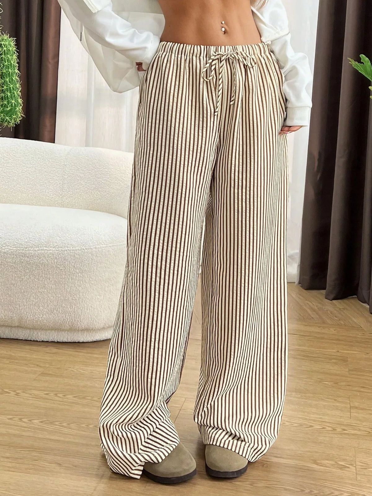 Women's Striped Drawstring Pants — Wide Leg