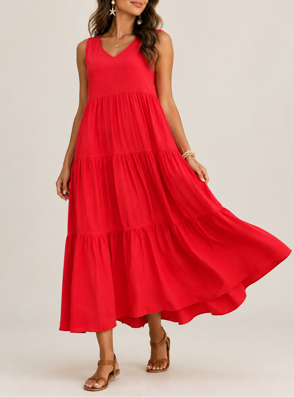 Women's V-Neck A-Line Midi Dress — Sleeveless