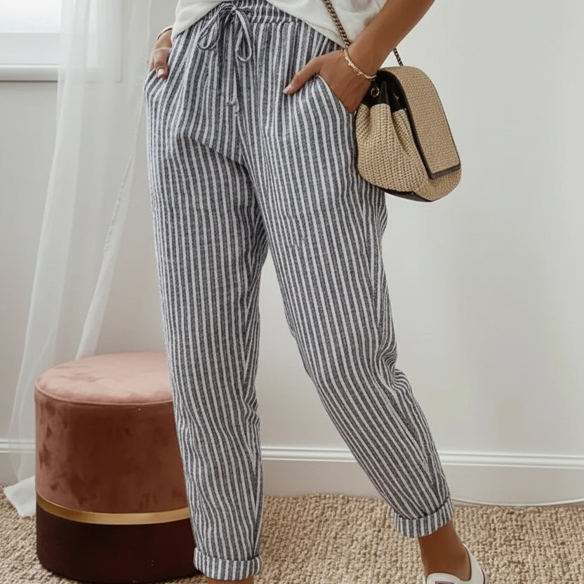 Women's Striped Drawstring Trousers — Loose Fit
